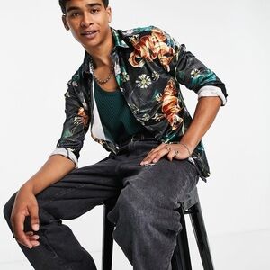 ASOS DESIGN Black Velvet  Multicolored Floral Button-Down Shirt Men’s XS